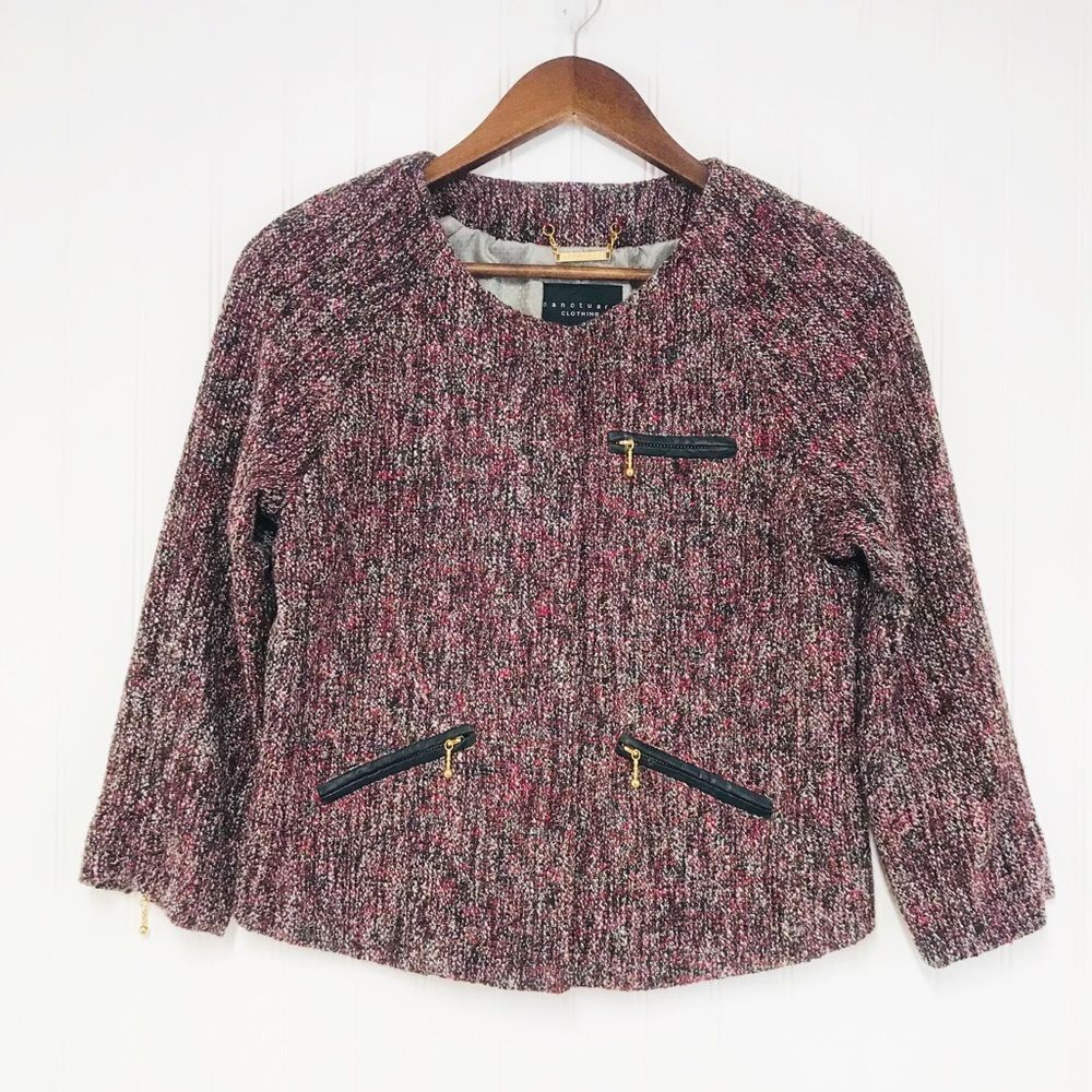 SANCTUARY Crop Boucle Tweed Blazer Jacket 3/4 Sleeve Red Gray Size Medium New
